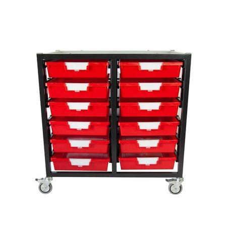 STORSYSTEM Commercial Grade Mobile Bin Storage Cart with 12 Red High Impact Polystyrene Bins/Trays CE2101DG-12SPR